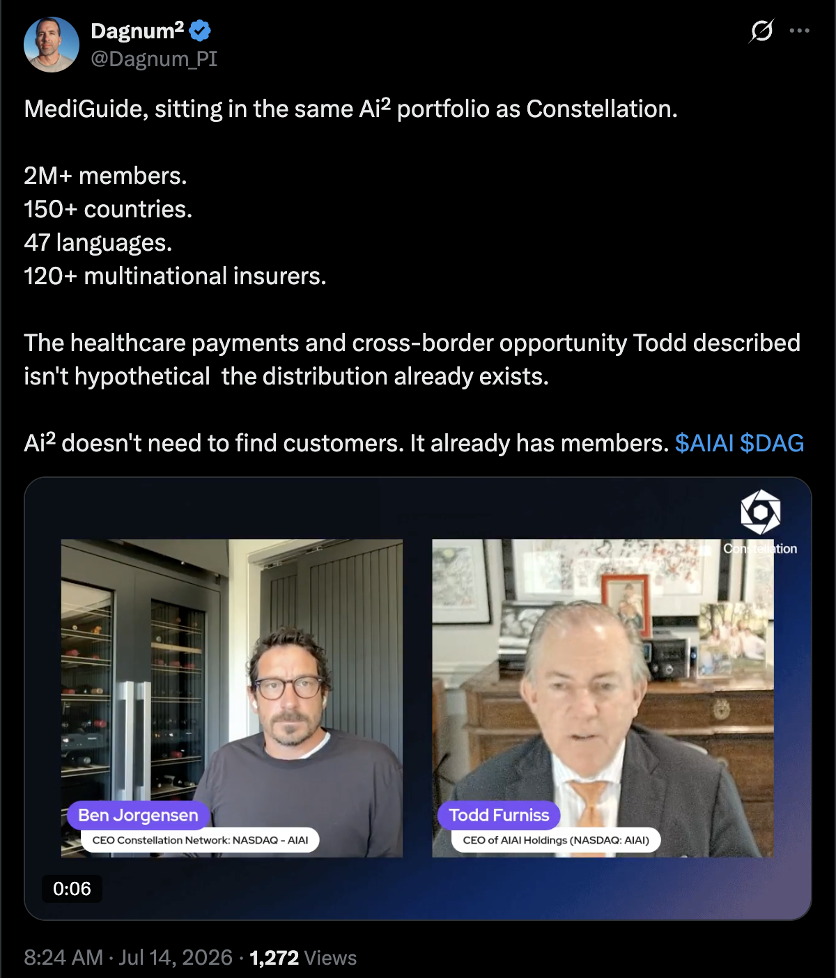 Dagnum² post on X: MediGuide sitting in the same Ai² portfolio as Constellation, with 2M+ members, 150+ countries, 47 languages, and 120+ multinational insurers, alongside video of Ben Jorgensen and Todd Furniss.